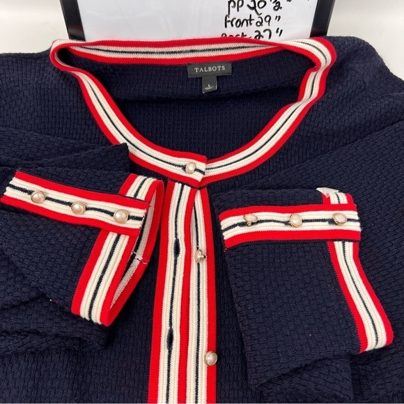 Talbots Navy Blue Red White Nautical Knit Pearl Button Cardigan Pockets Size L - Picture 10 of 12